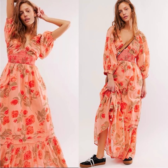 Free People Golden Hour Maxi Dress Peach Floral Spring Goddess Ethereal XS NEW